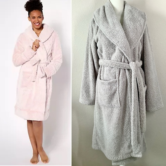 BERKSHIRE Sherpa Fleece Robe Bathrobe Pockets Tie Waist Loungewear Comfy Gray M - Picture 5 of 11